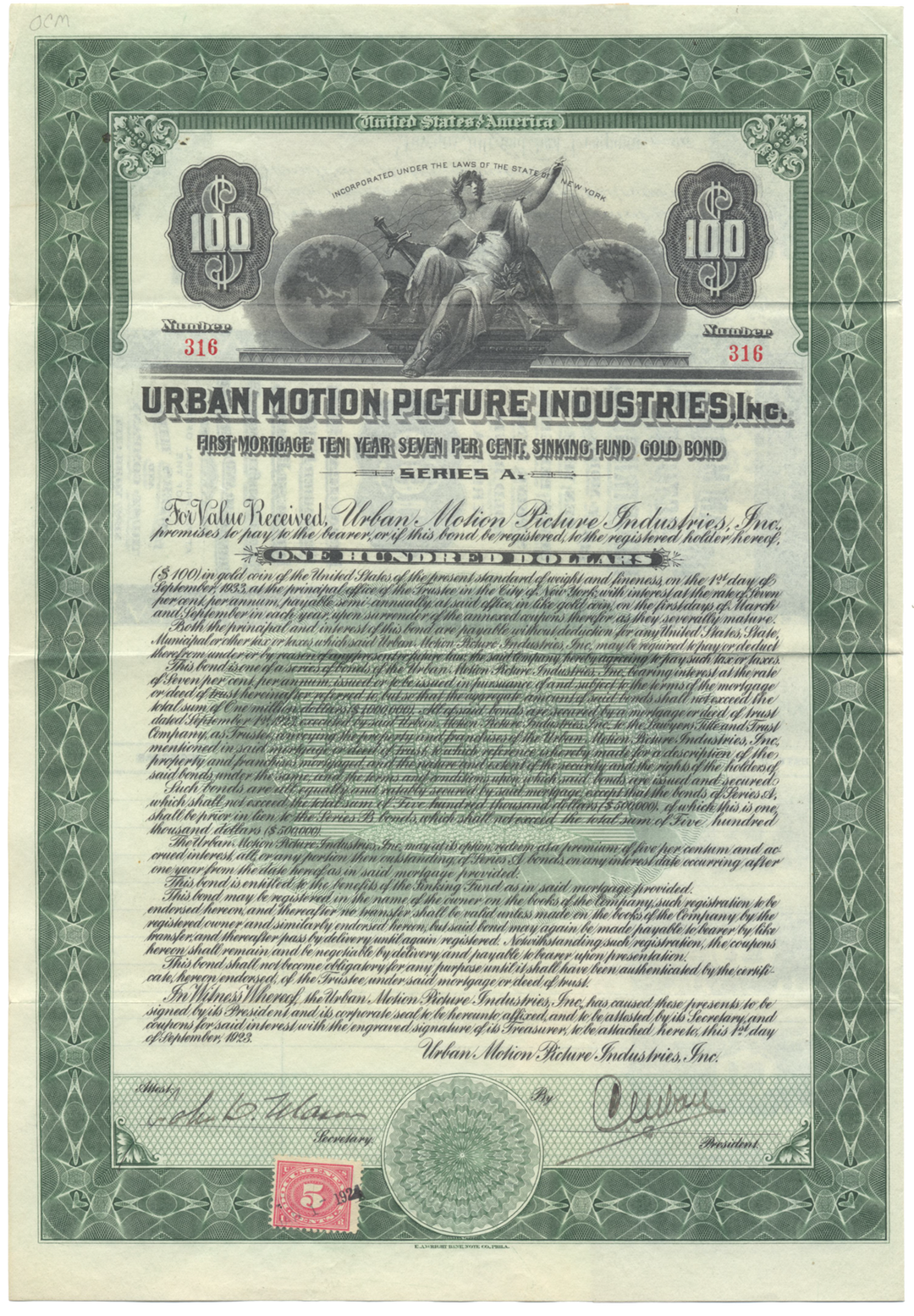 Urban Motion Picture Industries, Inc. Bond Certificate Signed by Charles Urban