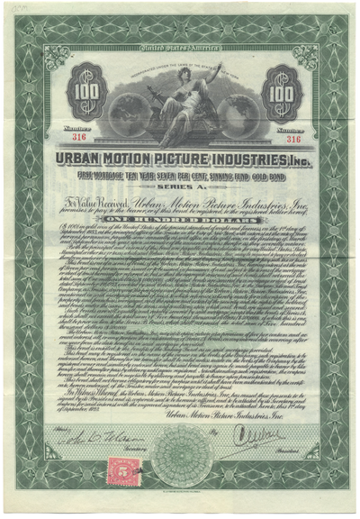 Urban Motion Picture Industries, Inc. Bond Certificate Signed by Charles Urban