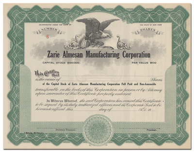 Zarie Almesan Manufacturing Corporation Stock Certificate