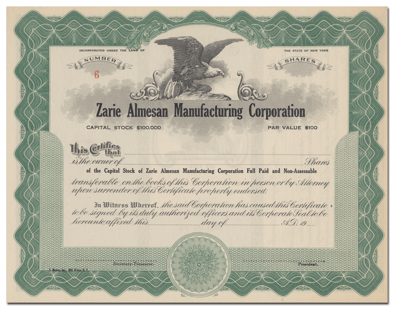 Zarie Almesan Manufacturing Corporation Stock Certificate