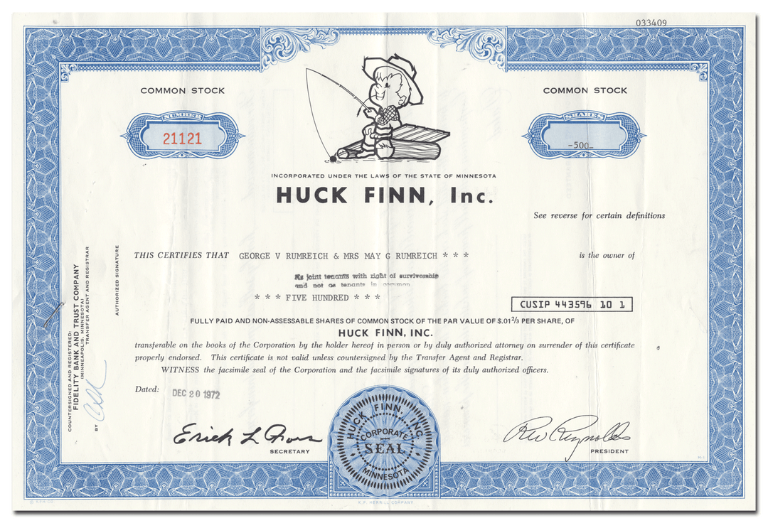 Huck Finn, Inc. Stock Certificate