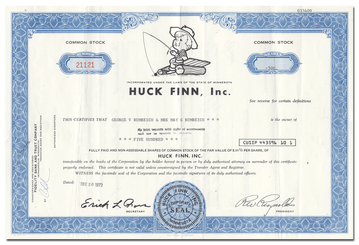 Huck Finn, Inc. Stock Certificate