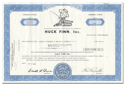 Huck Finn, Inc. Stock Certificate
