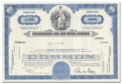 Pennsylvania Gas and Water Company Stock Certificate