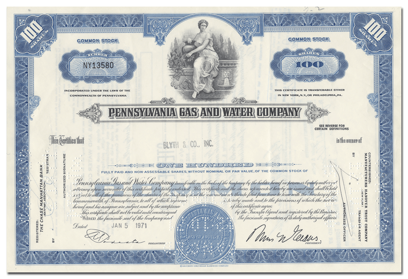 Pennsylvania Gas and Water Company Stock Certificate