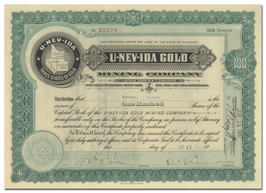 U-Nev-Ida Gold  Mining Company Stock Certificate