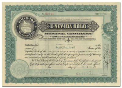 U-Nev-Ida Gold  Mining Company Stock Certificate