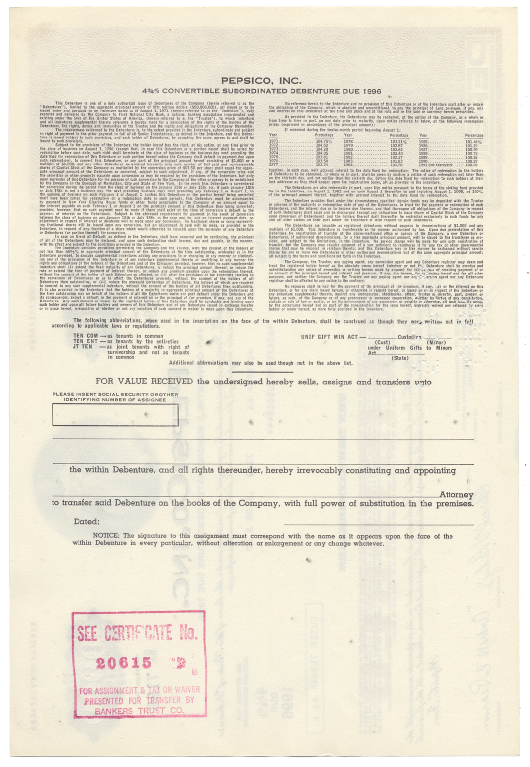 PepsiCo, Inc. Bond Certificate