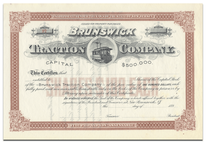 Brunswick Traction Company Stock Certificate