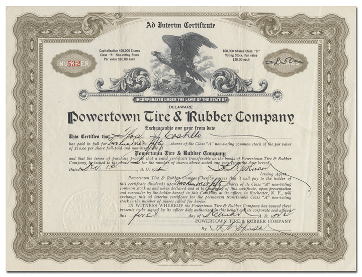 Powertown Tire & Rubber Company Stock Certificate