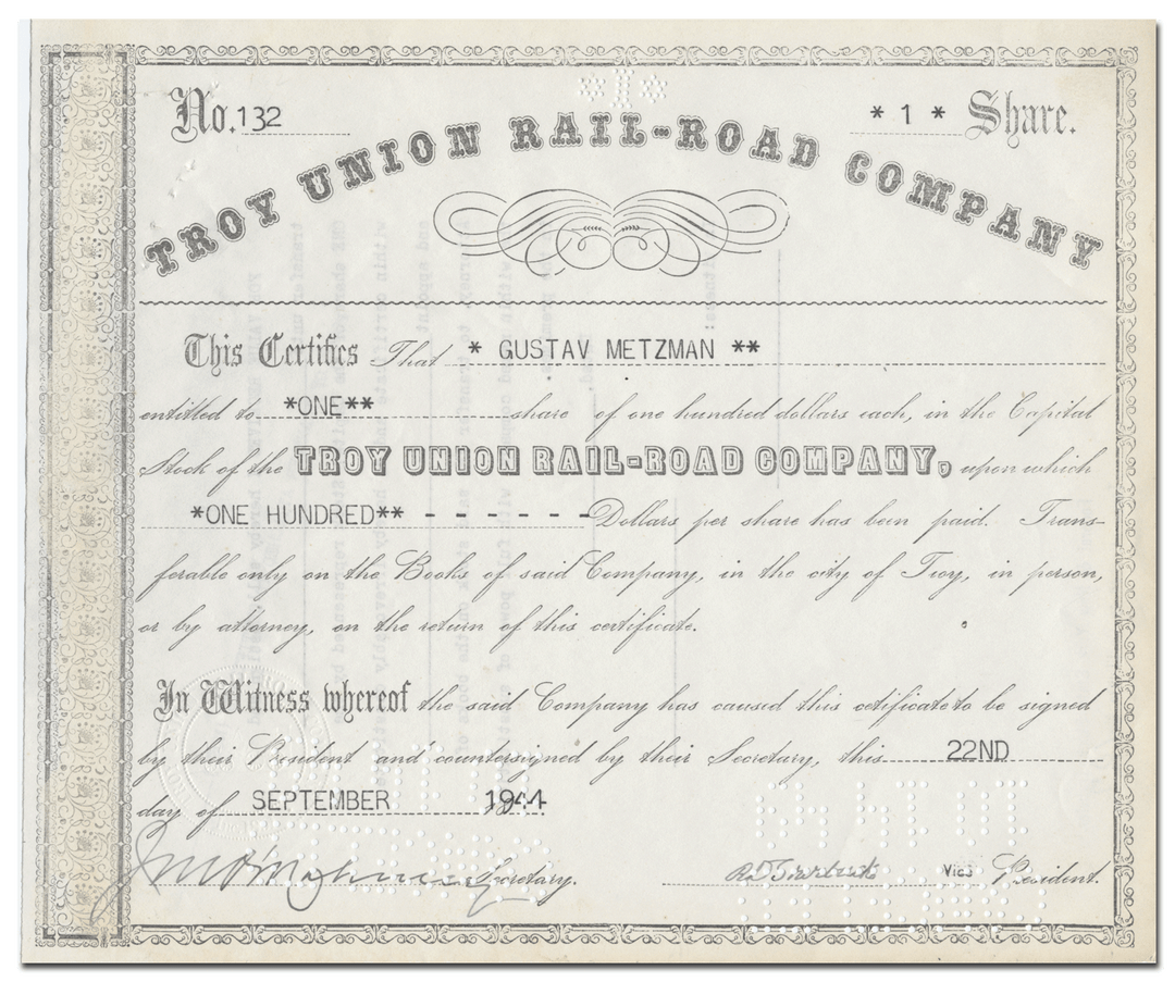 Troy-Union Rail-Road Company Stock Certificate