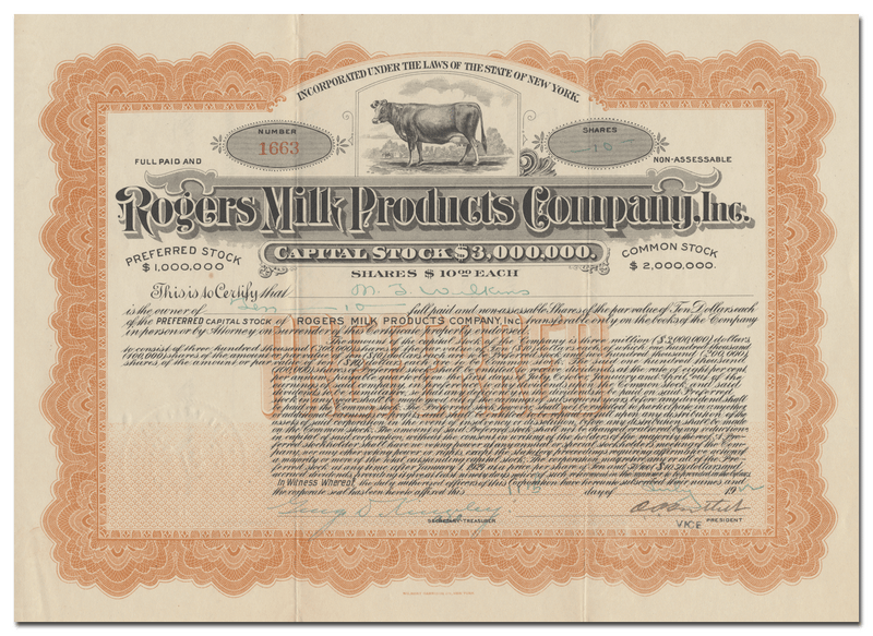 Rogers Milk Products Company, Inc. Stock Ccertificate