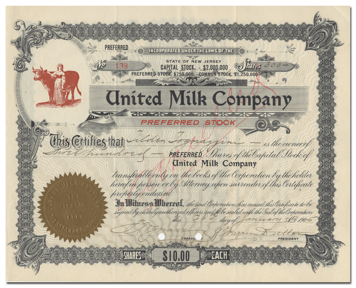 United Milk Company Stock Certificate