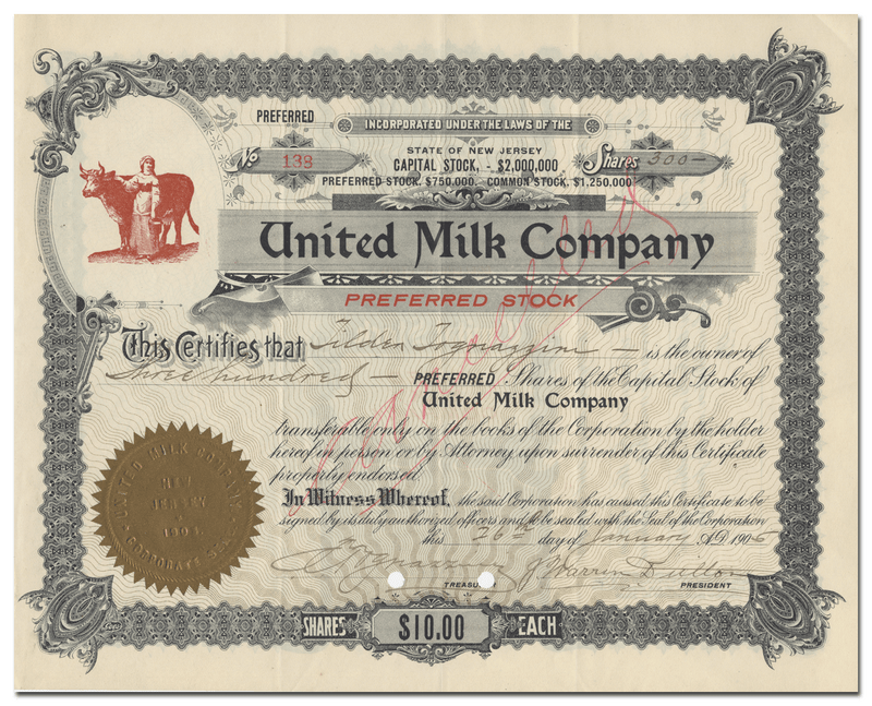 United Milk Company Stock Certificate