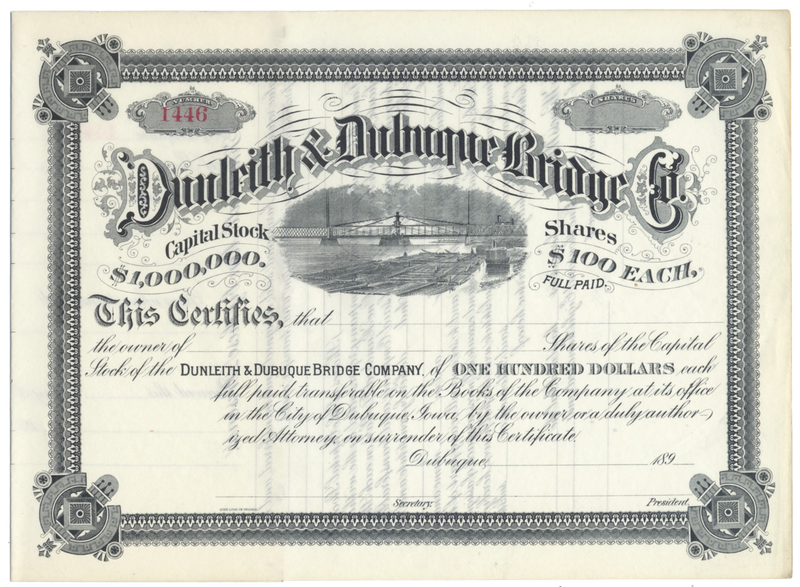 Dunleith & Dubuque Bridge Company Stock Certificate