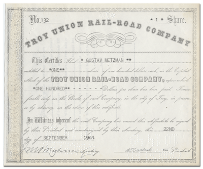 Troy-Union Rail-Road Company Stock Certificate