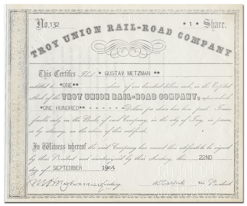 Troy-Union Rail-Road Company Stock Certificate