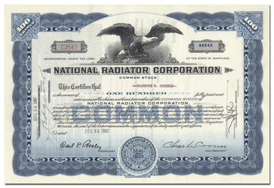 National Radiator Corporation Stock Certificate