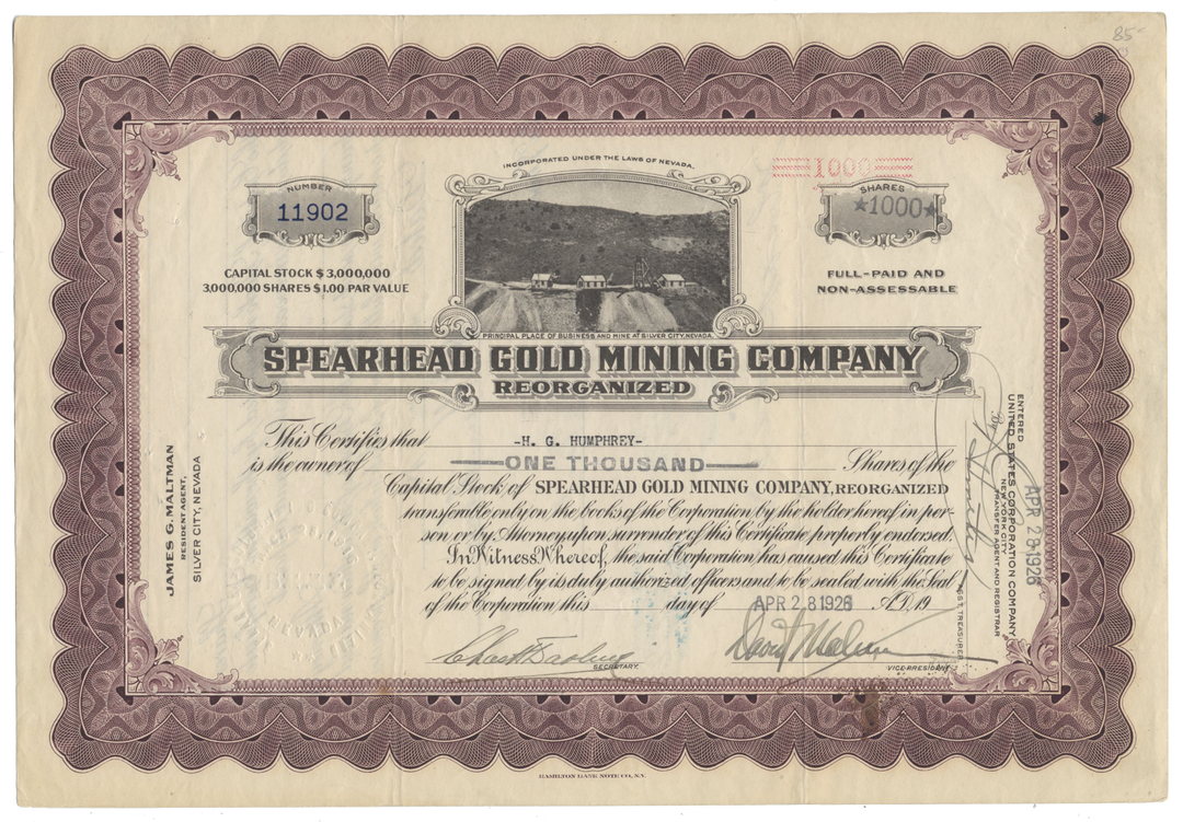 Spearhead Gold Mining Company Reorganized Stock Certificate