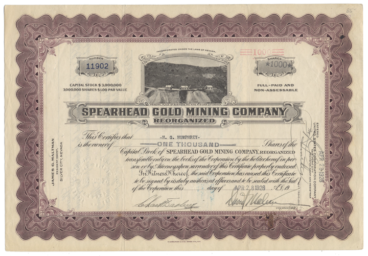 Spearhead Gold Mining Company Reorganized Stock Certificate