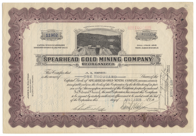 Spearhead Gold Mining Company Reorganized Stock Certificate