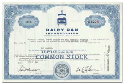 Dairy Dan, Incorporated Stock Certificate