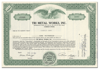 Tri Metal Works, Inc. Stock Certificate