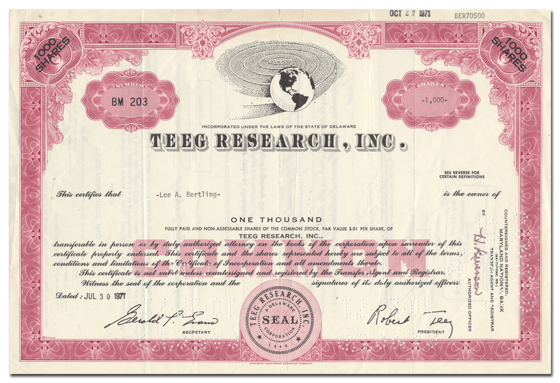 Teeg Research, Inc. Stock Certificate
