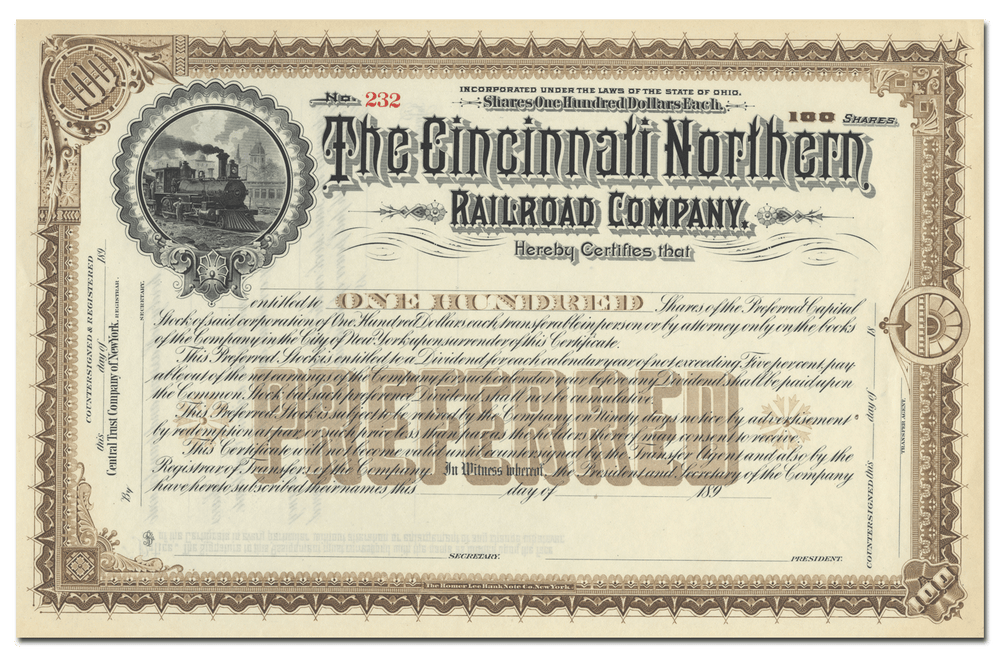 Cincinnati Northern Railroad Company Stock Certificate