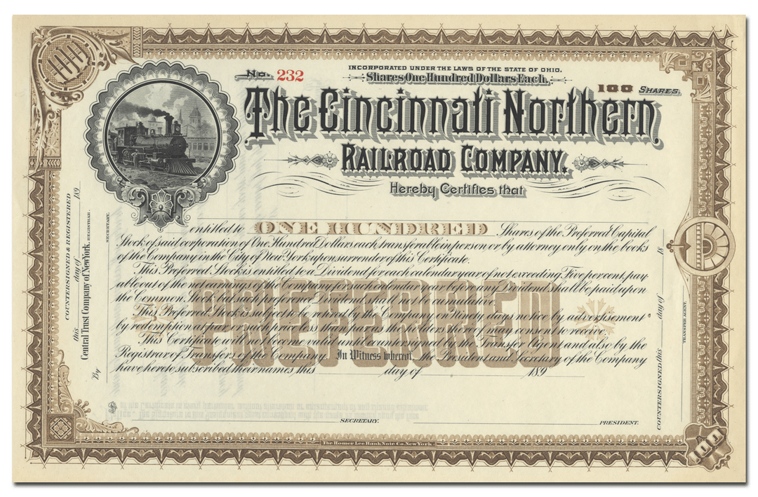 Cincinnati Northern Railroad Company Stock Certificate