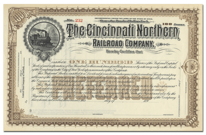 Cincinnati Northern Railroad Company Stock Certificate