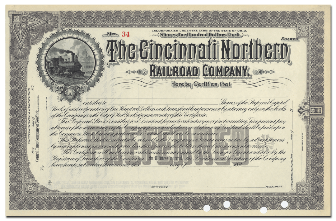 Cincinnati Northern Railroad Company Stock Certificate