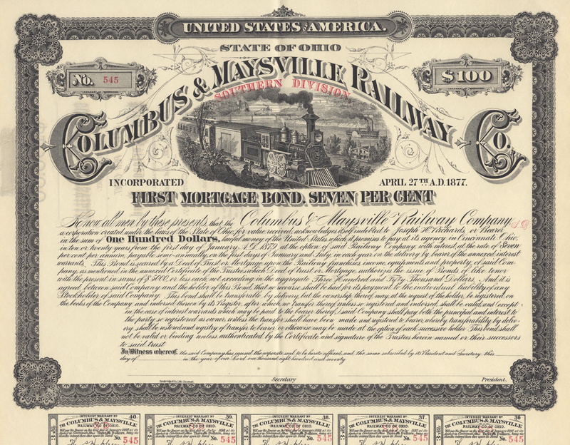 Columbus & Maysville Railway Company Bond Certificate