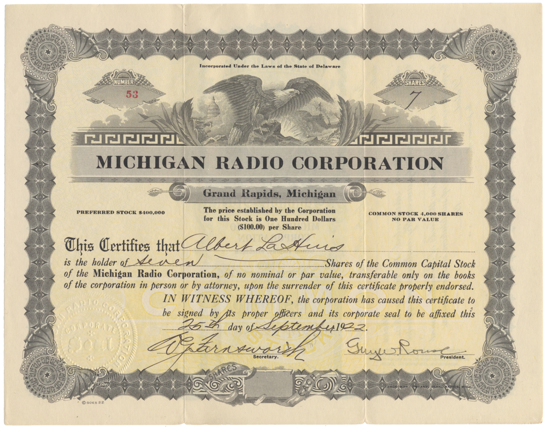 Michigan Radio Corporation Stock Certificate