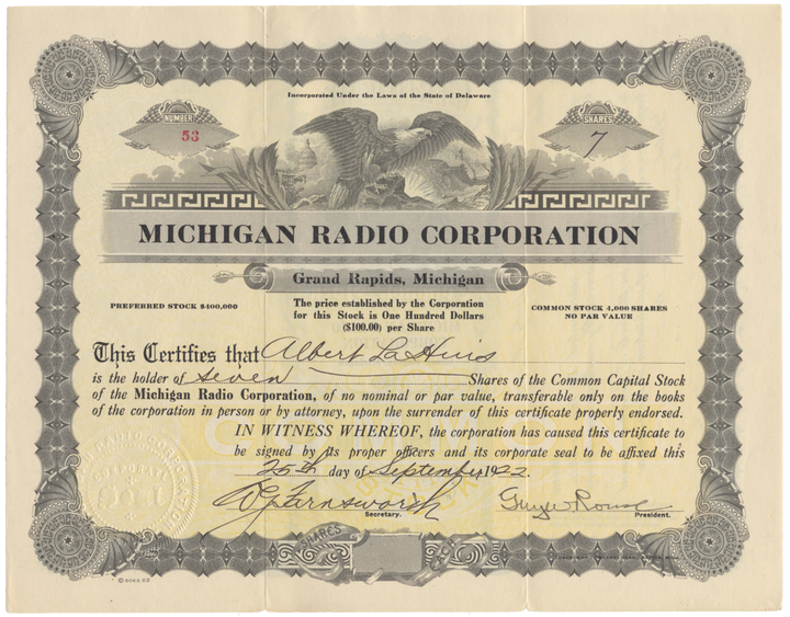 Michigan Radio Corporation Stock Certificate