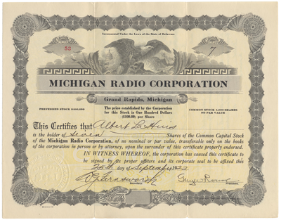 Michigan Radio Corporation Stock Certificate