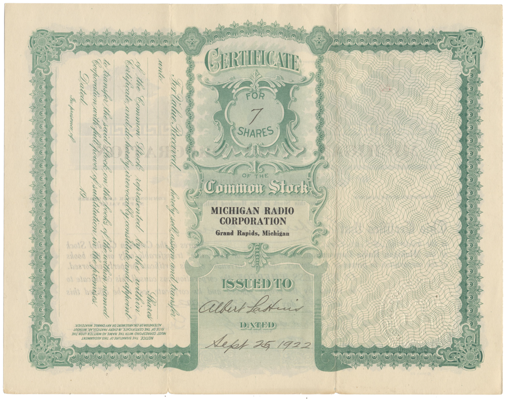 Michigan Radio Corporation Stock Certificate