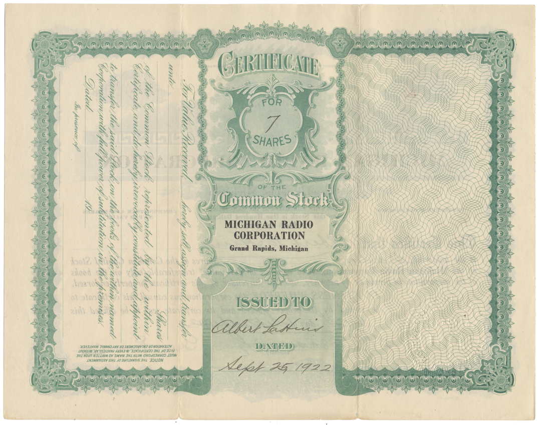 Michigan Radio Corporation Stock Certificate