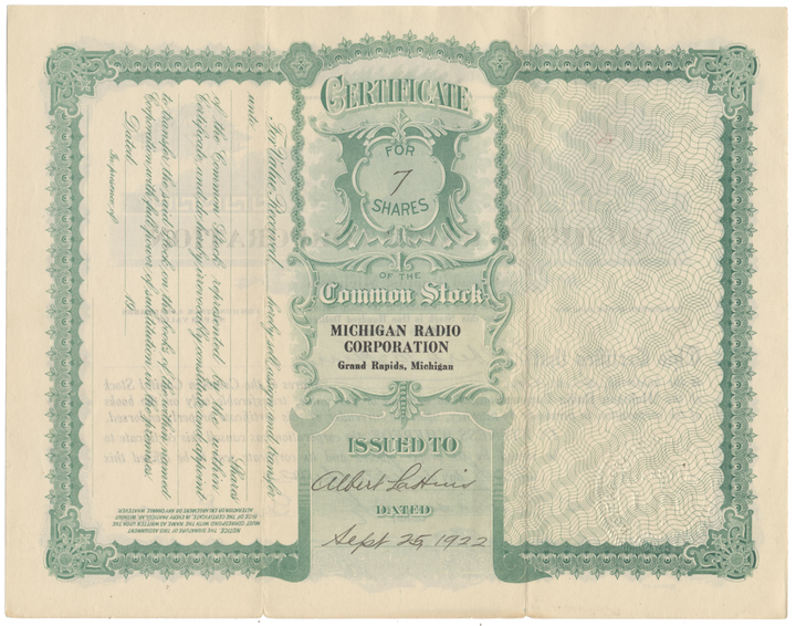 Michigan Radio Corporation Stock Certificate