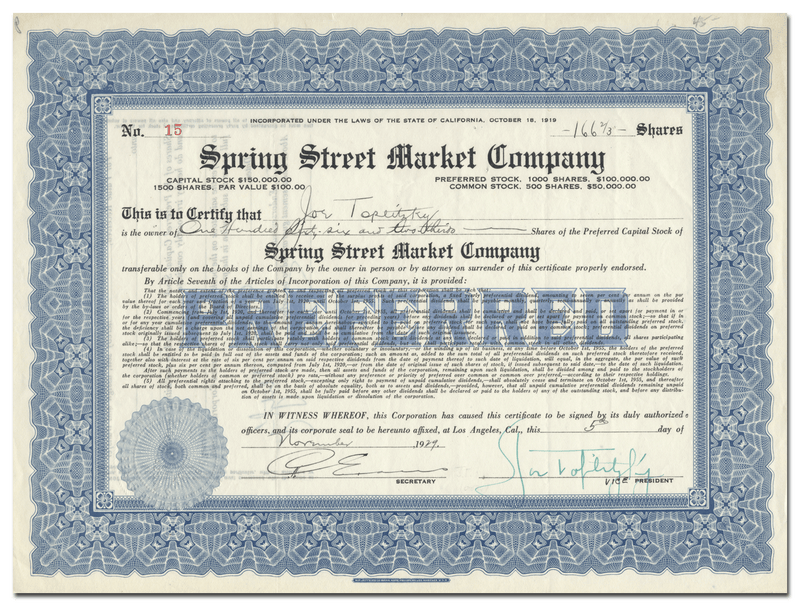 Spring Street Market Company Stock Certificate