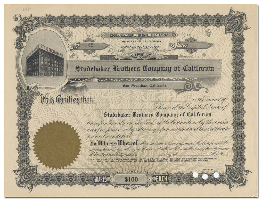 Studebaker Brothers Company of California Stock Certificate