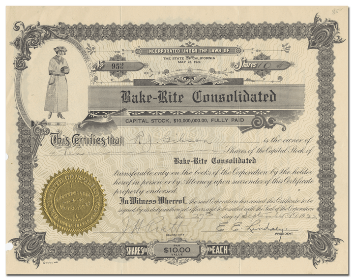 Bake-Rite Consolidated Stock Certificate