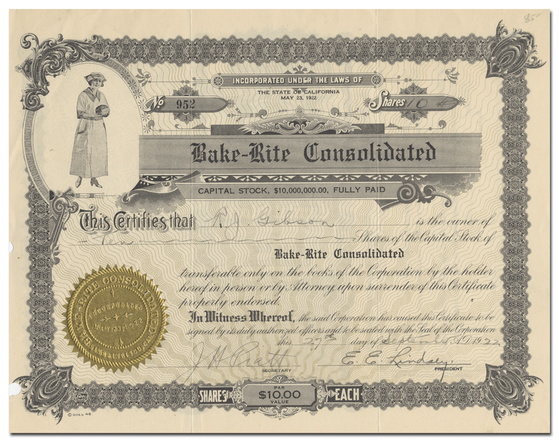 Bake-Rite Consolidated Stock Certificate