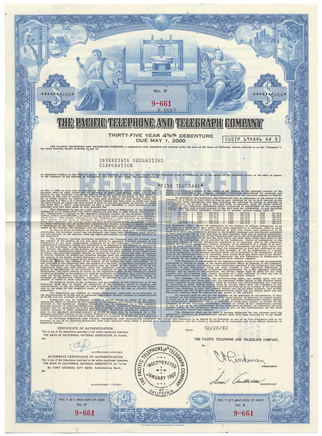 Pacific Telephone and Telegraph Company Bond Certificate