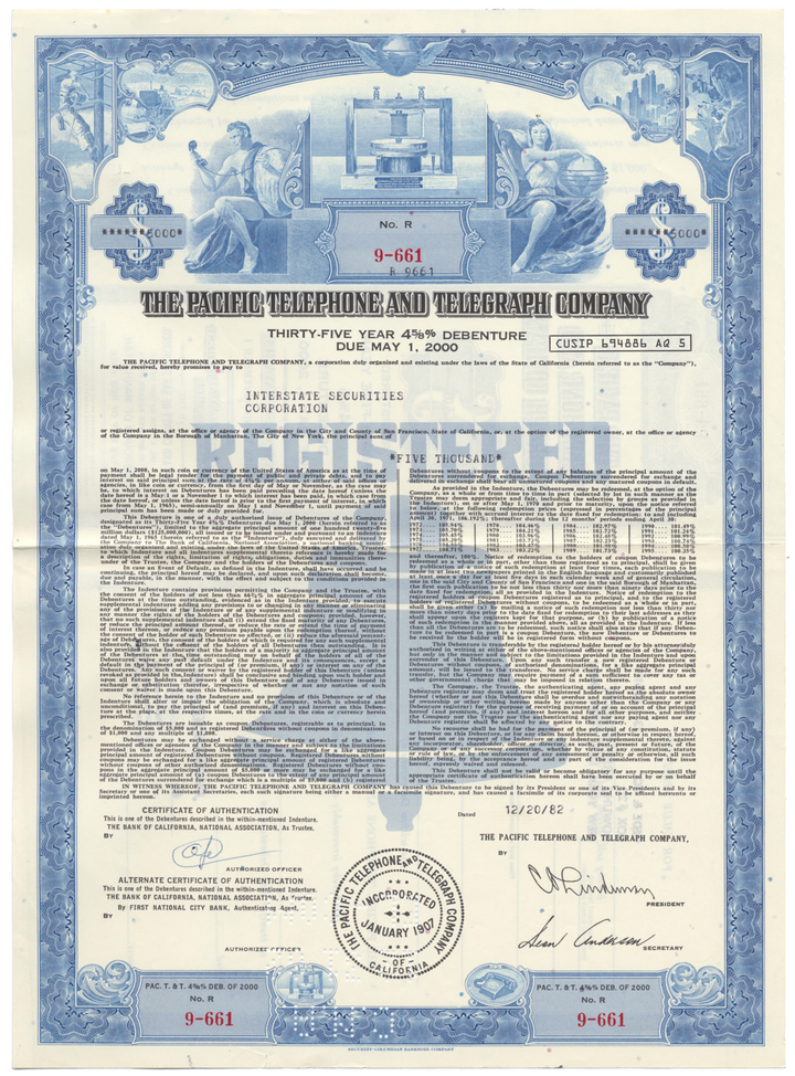 Pacific Telephone and Telegraph Company Bond Certificate