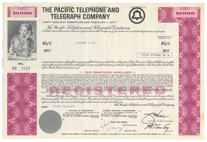 Pacific Telephone and Telegraph Company Bond Certificate