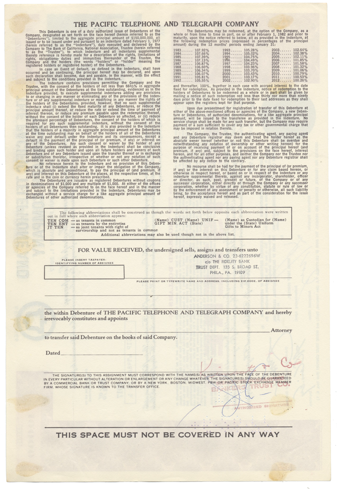 Pacific Telephone and Telegraph Company Bond Certificate