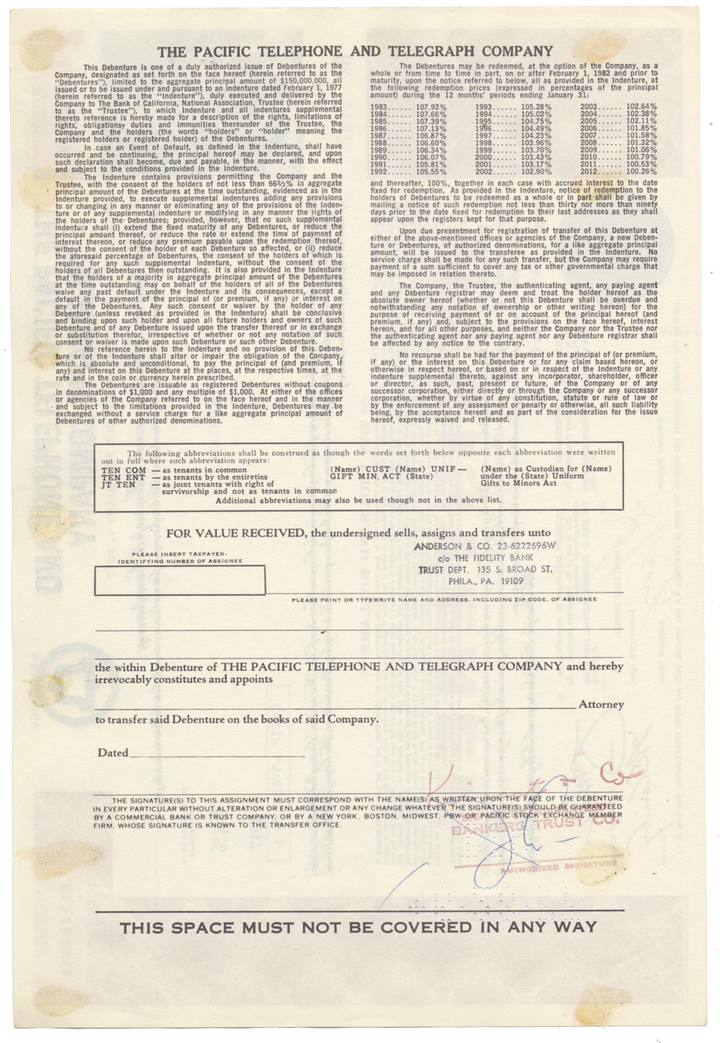 Pacific Telephone and Telegraph Company Bond Certificate