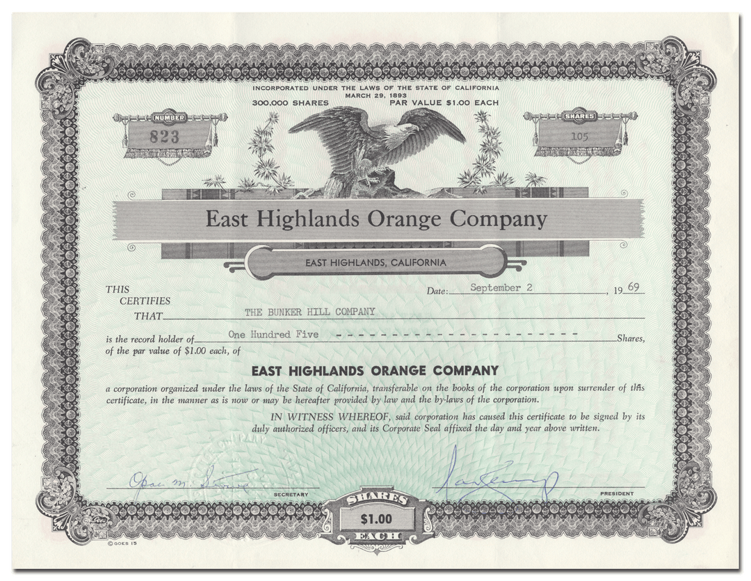 East Highlands Orange Company Stock Certificate