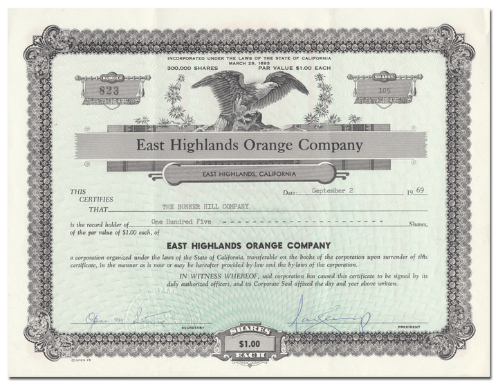 East Highlands Orange Company Stock Certificate